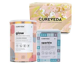Glow Plant Based Collagen Veg and Beauty Collagen Protein Powder - Pearl powder, Evening Primrose, Vitamin E, Sea Buckthorn, Grape Seed 300 gm + Cureveda Sparkle Oil Pulling Diwali Women