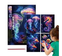 Glow Scratchboard - Paper Art Craft Kit, 4 Piece Scratch Drawing Set with Pen | Educational Fun Activity for Children, Teens, Adults, Marine Life, Butterfly, Bird, Creative Hobby