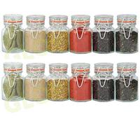 GLOW Set of 12 Glass Spice Jars - Stylish Pack of Mini Clip Top Sealed Lid Kitchen Storage Containers for Herbs Spices Seasoning Jams Preserves - Easy Clean 70ml Pots with Sticky Labels Included
