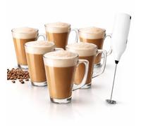 Glow Set of 6 Latte Glasses with Stirrer - Premium Pack of Stylish 11cm Cafe Mugs Cups 240ml - Ideal for Tea, Coffee, Latte, Cappuccino, Espresso, Hot Chocolate and More
