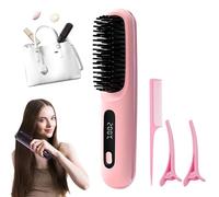 Glow Wave Heated Brush for Short Hair, 2025 Go Brush Pro Wireless Heated Hair Straightener Brush, USB Charging, 3 Heat Settings & LED Screen (Pink)