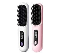Glow Wave Heated Brush for Short Hair, 2025 Portable Cordless Lightweight Hair Straightener Brush for Travel and Everyday Use, 3 Heat Settings, LED Screen, Fast Heating, Rechargeable(White+Pink)