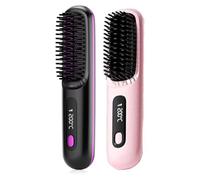 Glow Wave Heated Brush for Short Hair, 2025 Portable Cordless Lightweight Hair Straightener Brush for Travel and Everyday Use, 3 Heat Settings, LED Screen, Fast Heating, Rechargeable(Black+Pink)