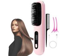 Glow Wave Heated Brush For Short Hair, Go Brush Pro UK - 2025 Cordless Hair Straightener Brush with Mch Ceramic Fast, Usb Charging, 3 Heat Settings & Led Screen, for Travel & Frizz-Free Styling (Pink)
