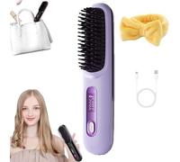 Glow Wave Heated Brush for Short Hair, Go Brush Pro Wireless Heated Hair Straightener Brush, USB Charging, 3 Heat Settings & LED Screen for Travel and Frizz-Free Styling (Purple)