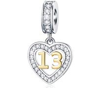 GLOWDAS 10 to 25 28 30 33 35 40 45 50 55 60 65 70 75 80 Birthday Charms, fit European Anniversary Bracelet/Necklace, Golden Number 925 Sterling Silver Heart Pendant with CZ, for Women/Men