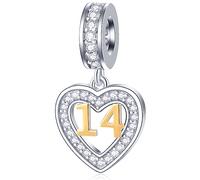 GLOWDAS 10 to 25 28 30 33 35 40 45 50 55 60 65 70 75 80 Birthday Charms, fit European Anniversary Bracelet/Necklace, Golden Number 925 Sterling Silver Heart Pendant with CZ, for Women/Men