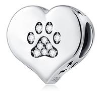 GLOWDAS Dog/Cat Paw Print Charms on My Heart fit European Animal Bracelet, 925 Sterling Silver Puppy Pawprint CZ Beads with Dog Bone, Gifts for Pet Lover/Mothers Day/Valentines