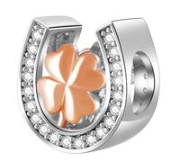 GLOWDAS Rose Gold Four Leaf Clover in Horseshoe Charms fit Pandora Bracelet | 925 Sterling Silver Shamrock I Wish Lucky Beads With Dazzing CZ, Gifts for Friends, Couple on Birthday, St Patricks Day