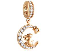 GLOWDAS Rose Gold Rabbit Sitting on the Crescent Moon Dangle Charms, 925 Sterling Silver Bunny on Night Sky Pendant Beads, fits Pandora Easter Bracelet, Gifts for Girls/Sister/Friends