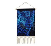 Glowing Blue Leopard Tapestry Cotton And Linen Wall Art Prints with Tassels Wooden Hanging Poster Frame Picture