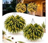 Glowing Boston Ferns with Lights,UV Resistant,Zero Watering Maintenance，2pc | Pre Lit Artificial Plant,Oversized Faux Greenery Bush Warm LED Foliage For Porch Garden,Balcony Hanging Basket Patio
