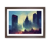 Glowing City Skyline Architecture Framed Print | A2 Walnut Framed Wall Art | Ready to Hang | Modern Cityscape Picture | Living Room Bedroom Lounge Office