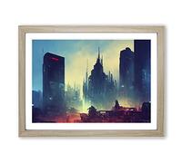 Glowing City Skyline Architecture Framed Print | A3 Oak Framed Wall Art | Ready to Hang | Modern Cityscape Picture | Living Room Bedroom Lounge Office
