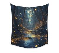 Glowing Forest Stream Wall Tapestry Sparkling Water Surface Floating Golden Leaves Dense Tall Trees Comfortable Fabric Enchanting Twilight Glow Woodland Scene Cozy Home Decorwhite70x90inch