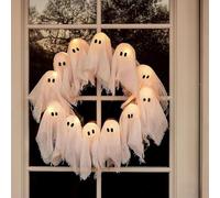 Glowing Halloween Ghost Wreath - LED Light-Up White Ghost Garland for Outdoor & Indoor Decor, Spooky Hanging Decoration for Door, Wall & Halloween Parties