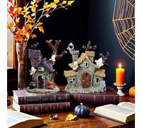 Glowing Halloween Village,7 Inch Luminous Scary Haunted House Figurines With LED Lights,Resin Halloween Village Houses,Spooky Ghost Town for Home Parties Table Decorations