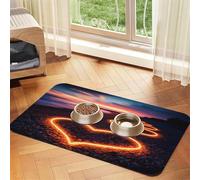 Glowing Heart Shape Seaside Pet Food Mat 17.2x11.81in Absorbent Non-Slip PU Leather Feeding Mat for Dogs Cats Rubber Bottom Fast Drying Rollable Pet Bowl Placemat