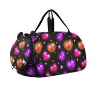 Glowing Hearts Black Kids Travel Duffel Bag for Boys Girls Overnight Weekend Tote Bag with Shoes Compartment for Trip Beach Swim