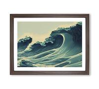 Glowing Japanese Wave Framed Wall Art Print A2 Walnut | Ready to Hang, Premium Gi Paper, Fade-Resistant Inks, Securely Packaged, UK Made