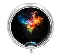 Glowing Martini Glass Pill Box Cute Metal Round Pill Case with 3 Compartments and Mirror for Vitamin Fish Oils