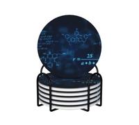 Glowing Mathematical Physics Chemistry Formulas,Round Ceramic Coasters, Mugs Pad, Cups Mat Set of 6 Drinks Coasters With Holder