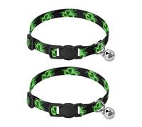 Glowing Neon Green Leaves Black Cat Collar with Bell 2 Pack Cat Collars Adjustable Length 10.6" to 17.1"