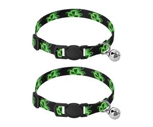 Glowing Neon Green Leaves Black Cat Collar with Bell 2 Pack Cat Collars Adjustable Length 10.6" to 17.1"