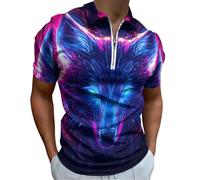 Glowing Neon Wolf Slim Men's Polos Short Sleeve Shirts Quick-Dry T-Shirt Half Zip-up Casual Tops L