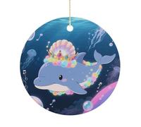 Glowing Sea Jellyfish Ceramic Christmas Ornaments with Gold String - Personalized Double-Sided 2.9 Inch Xmas Tree Decorations, Rustic Winter Hanging Ornaments for Holiday Party Gift