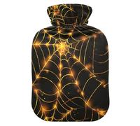 Glowing Spiderweb Yellow Black Halloween hot Water Bottles with Soft Cover, 1L hot Water Bags for Arthritis