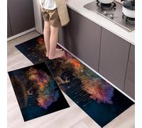 Glowing Tree And Deer Kitchen Rugs Non Skid Washable Mats Set of 2 PCS, Magical Night Absorbent Runner Rugs for Kitchen, Front of Sink,Sink Laundry, 43x75cm+43x120cm Black