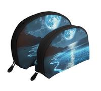 Glowing Waves and Moon Beach Printed Makeup Bags 2-Piece Portable Shell Travel Toiletry Bag