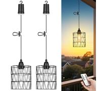 Glowlit Battery Pendant Light, 2 Pack Hanging Lights Indoor Outdoor Pendant Lights with Remote, 4 Timer, Ip65 Waterproof Lighting Fixture Dimmable Chandelier for Gazebo Porch Patio, Black