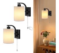 Glowlit Bedroom Wall Lights Pull Cord, Set of 2, Black