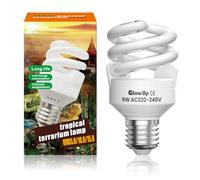 GlowUp 9W UVB 10.0 Reptile Light E27 10.0 uvb Bulb AC220-240V uva uvb Bulb Tortoise Beam Angle 360°Fluorescent lamp for Aquarium, Glass Container, Feeder, Turtle, Snake, Lizard, etc (1Pcs)