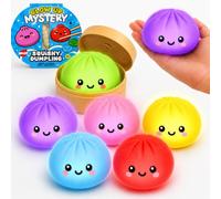 Glowup Dumpling Toys 8.5cm - 6x Random Squishy Bao Bun with Plastic Steamer Box, Fidget Mystery Squeeze Toy, Reusable Basket, Kids Party Bag Gift Age 3+