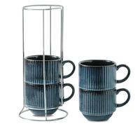 glowworm Coffee Mugs Set of 4, 15 Oz Stackable Coffee Mugs with Rack, Ceramic Cups for Home, Office, Housewarming & Engagement Gifts, Microwave & Dishwasher Safe, Navy Blue