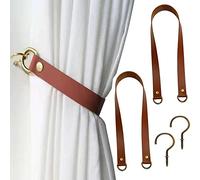 glrovazas Leather Curtain Tie Backs 2Pcs, Window Treatment Holdbacks, Leather Drapery Tiebacks with Metal Hooks, Red Brown