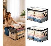 GLSAYZU Large Heavy Duty Thick Plastic Clear Storage Box with Hinged Lid, Moving Bags for Clothes and Blankets, PVC Transparent Organizer Container with Zipper Handles (L,Black*2)