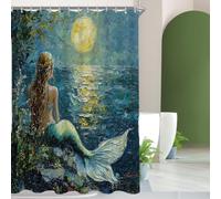 Glslmznq Shower Curtain 180x200cm Waterproof Polyester Fabric Moon Mermaid Curtain with Eyelets and 12 Hooks Machine Washable for Family, Hotel, Showers, Bathtubs and Bathrooms c-971