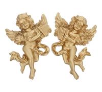GLSTOY 1 Pair Gold Resin Angel Wall Sculptures with Wings and Harp - Decorative Cherub Figurines for Bedroom and Living Room Home Décor