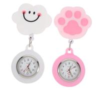 GLSTOY 2pcs Nurse Clip-on Pocket Watches with Stretchable Silicone Bands, Digital Display, Cute White Cloud Pink Cat Paw Designs for Medical Staff and Students