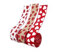GLSTOY 3 Rolls Valentine’s Day Wired Edge Ribbons 1m White with Red Hearts on Natural Burlap Red with White for Wrapping DIY Crafts Party Decorations