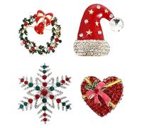 GLSTOY 4pcs Christmas Themed Rhinestone Brooch Set Wreath, Snowflake, Heart and Santa Hat, Decorative Xmas Breastpin Accessories for Women’s Holiday Clothing