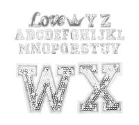 GLSTOY 56pcs Alphabet Embroidered Letter Patches Iron on Or Sew for Clothing with Silver Sequin and Polyester Material, Easy to Use and Versatile Application for DIY Hats, Jeans,