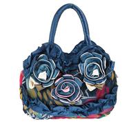 GLSTOY Canvas Tote Bag for Women with Hand-sewn Flower Design Zipper Closure Detachable and Washable Casual Shopping Tote Stylish Mother Bag for Everyday Use Blue