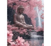 GLTEYACO Pre-Printed Cross Stitch Kits Buddha Statue Flower Waterfall 11CT Stamped Embroidery Kit for Adults Beginners DIY Embroidery Pattern Art Craft Decor 40x50 cm
