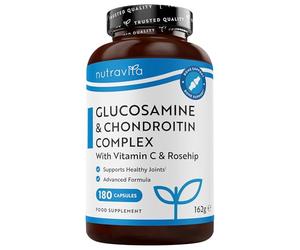 Glucosamine Sulfate and Chondroitin Complex - with Vitamin C, Rosehip, Ginger and Turmeric Extracts - 180 Capsules High Dosage for 6 Months, Made in the UK by Nutravita