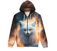 GLUDEAR Men's Novelty 3D Print Pullover Hoodie Hooded Sweatshirt, Fox White Fur Fire, XL